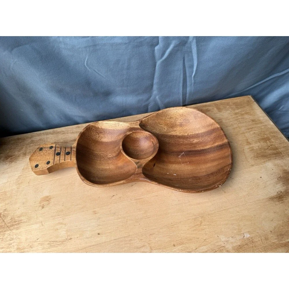 Wooden Guitar Shaped Serving Tray Chip And Dip Bowl Hand Made In Philippines